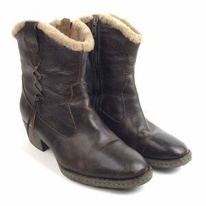 BORN Brown Leather Ankle Boots W12449 Women's Size 8.5 Side Zipper Sherpa Lined
